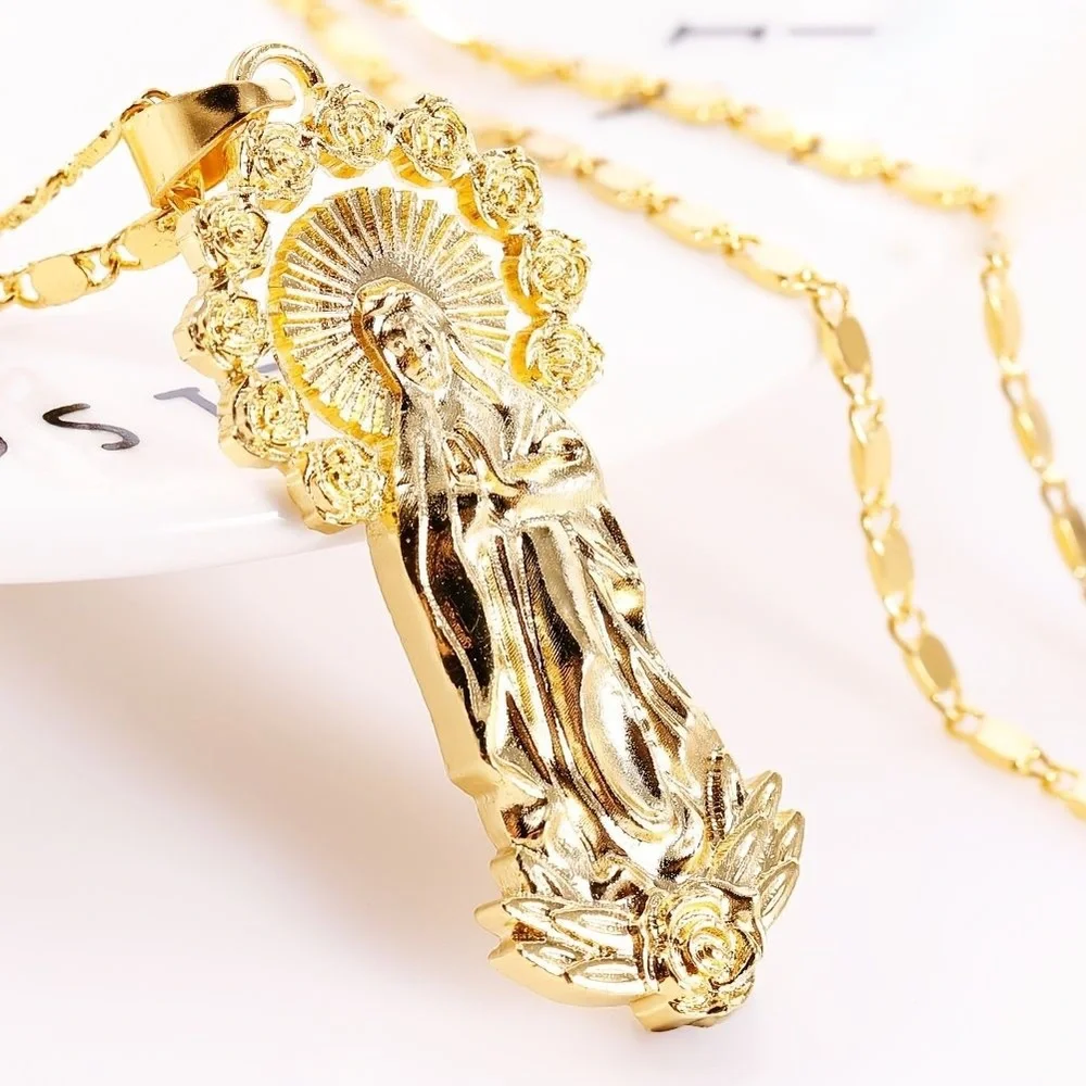 14k Gold Plated Womens Mens Link Chain And Virgin Mary Pendant Necklace 18” - Picture 12 of 16